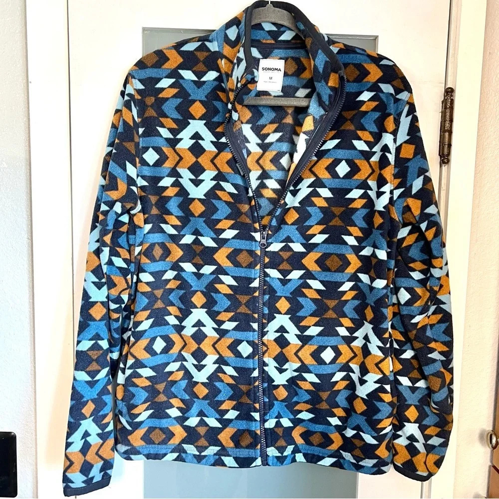 Sonoma Jacket Mens Size Medium Supersoft Arctic Fleece Blue Aztec Full Zipper - Picture 3 of 11